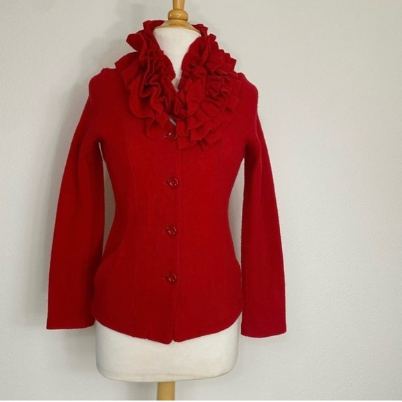 Fever Sweaters - Fever Red Ruffle Collar Button Front 100% Wool Cardigan Sweater Size Small Retro